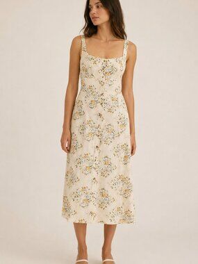Wild Fable Floral Midi Dress Women L Yellow Button Front Linen Blend A-Line